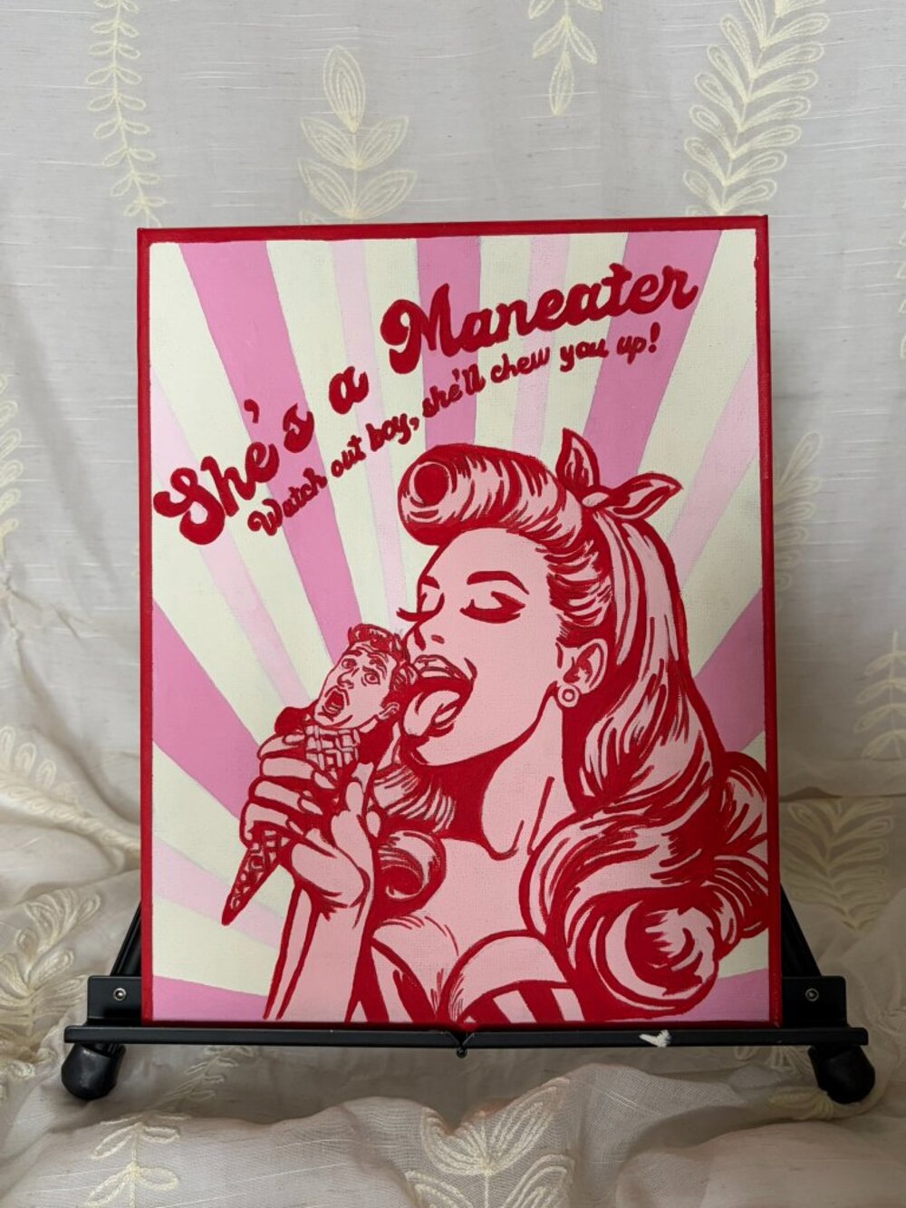 Hand Painted She’s a Maneater Retro Pink Acrylic Canvas 11x14